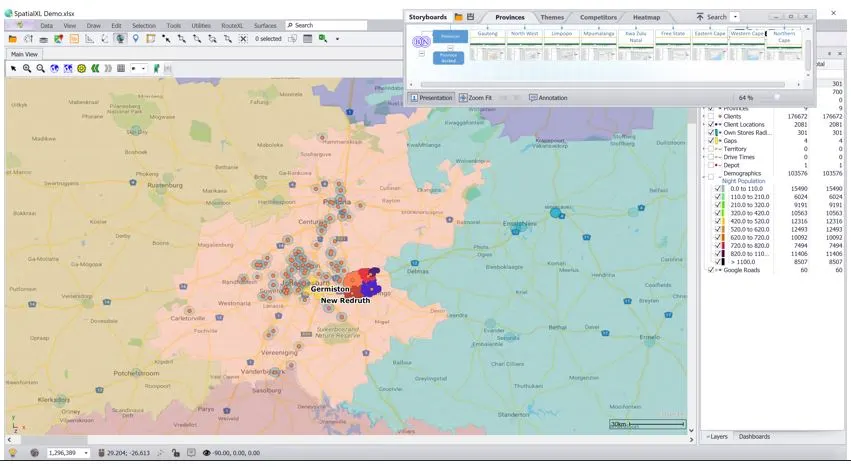 Spatial dashboard with charts and mapped business data